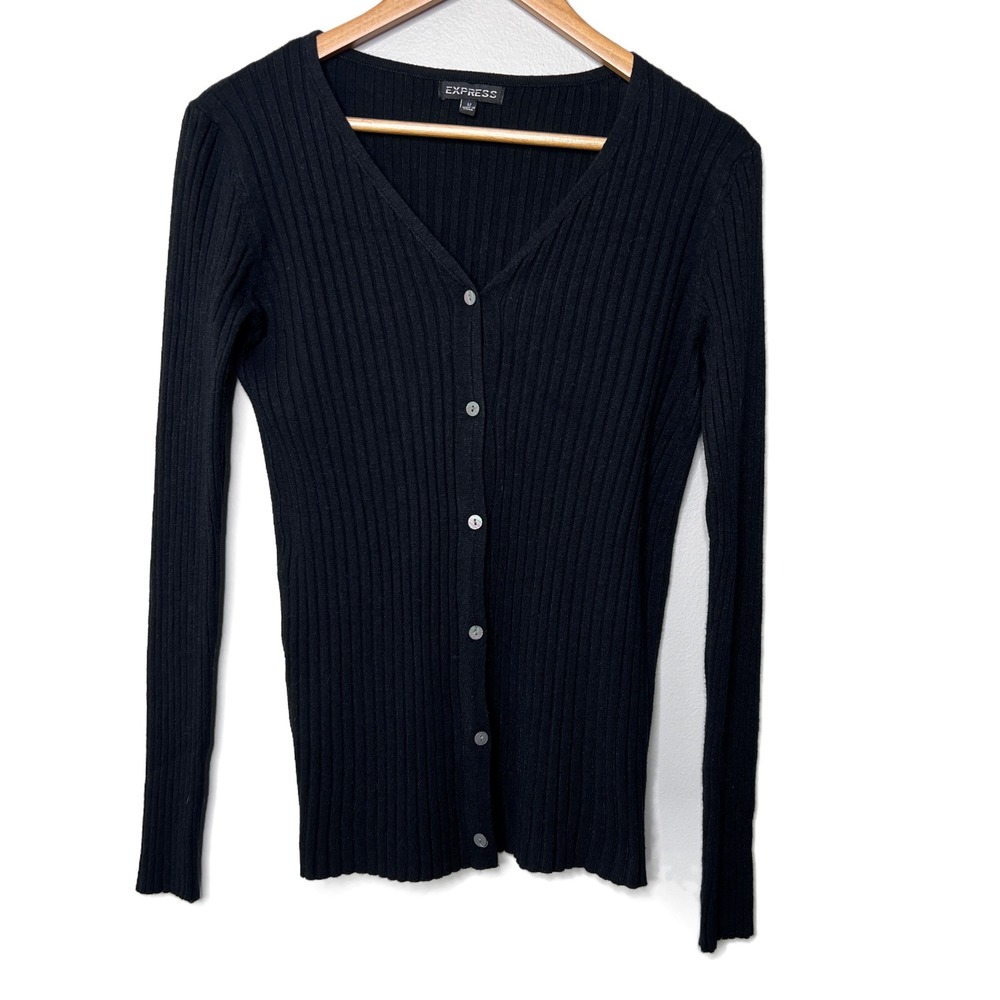 EXPRESS Black Ribbed V Neck Button Up Long Sleeve Cardigan Sweater Womens M - Picture 5 of 16